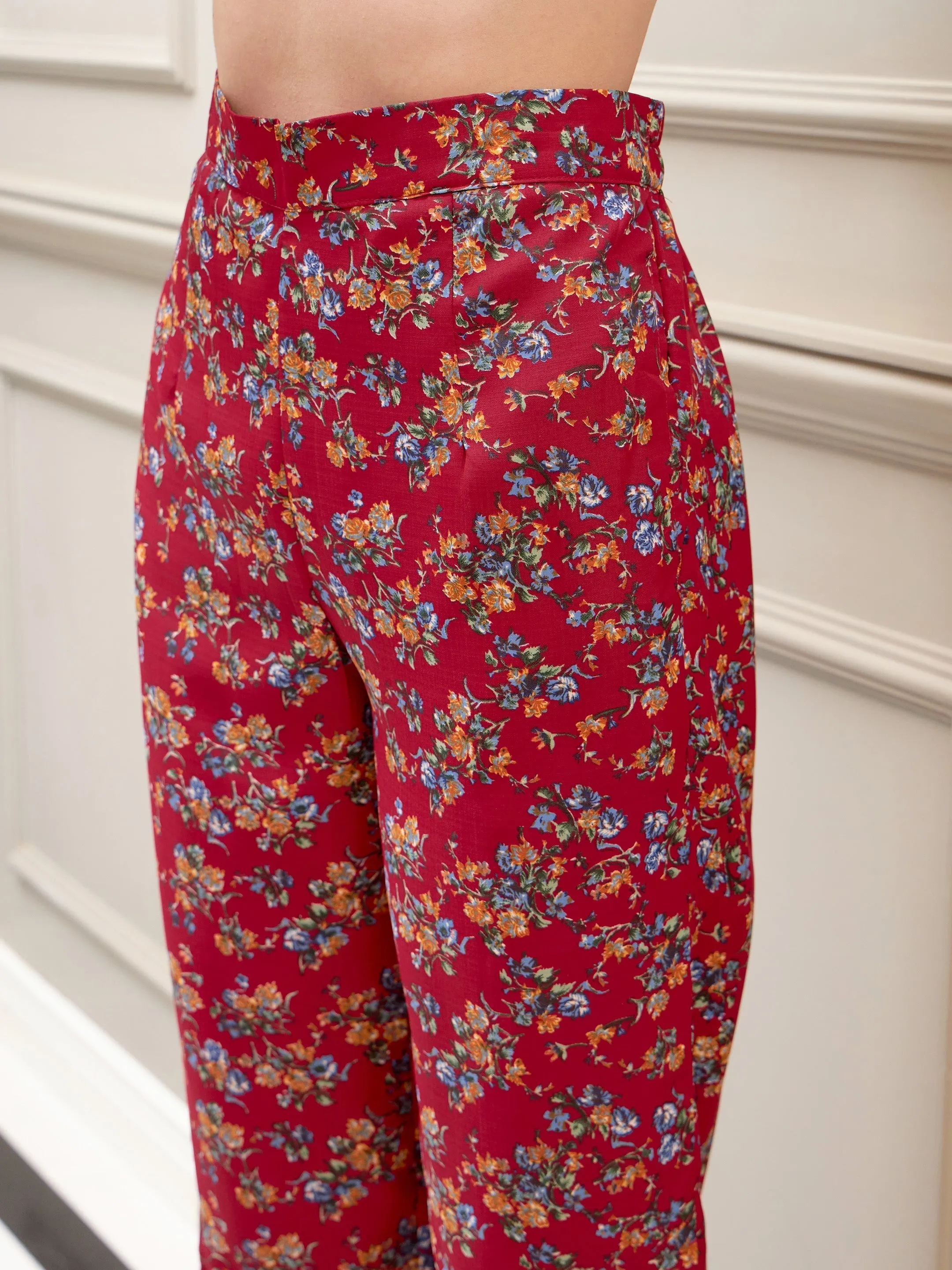 Women Red Floral Notch Shirt With Lounge Pants & Strappy Top