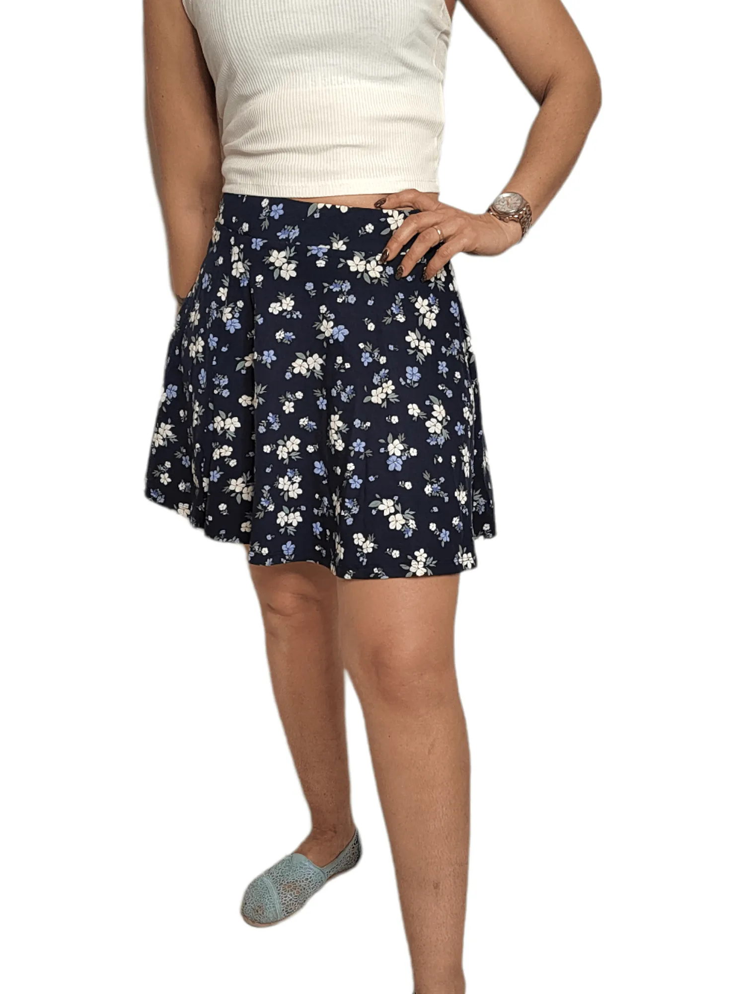 Women Skirt - Dark Blue x Flowers