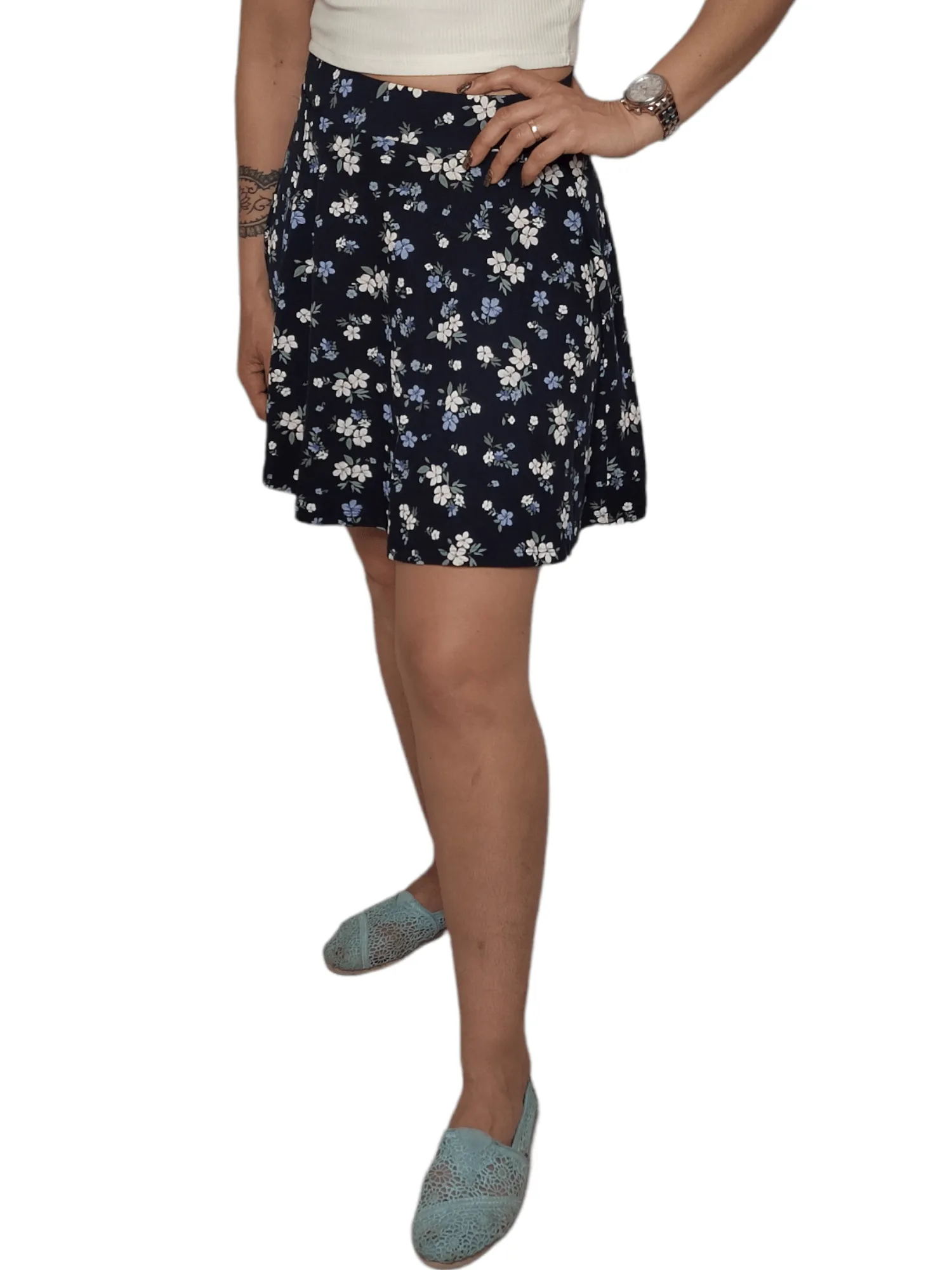 Women Skirt - Dark Blue x Flowers