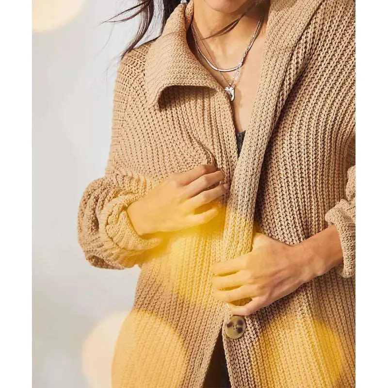 Women's Mid-length Lapel Collar Knitted Button-up Cardigan Jacket