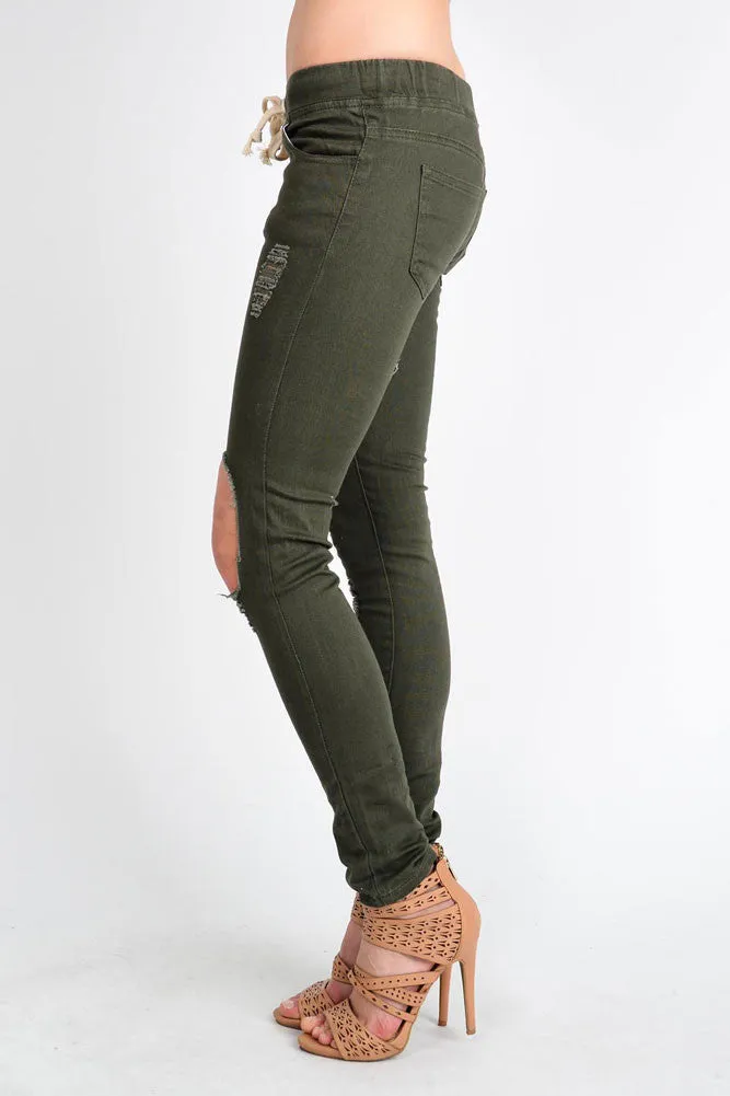 Women's Solid Torn Skinny Jogger Pants