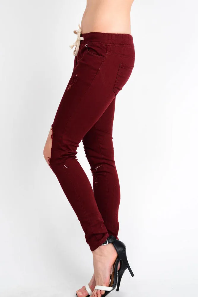 Women's Solid Torn Skinny Jogger Pants