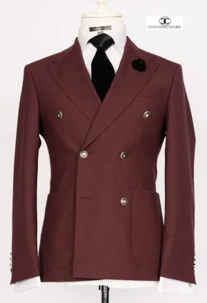 Zignone - Burgundy double breasted slim fit suit with metal buttons patch pockets and wide lapel