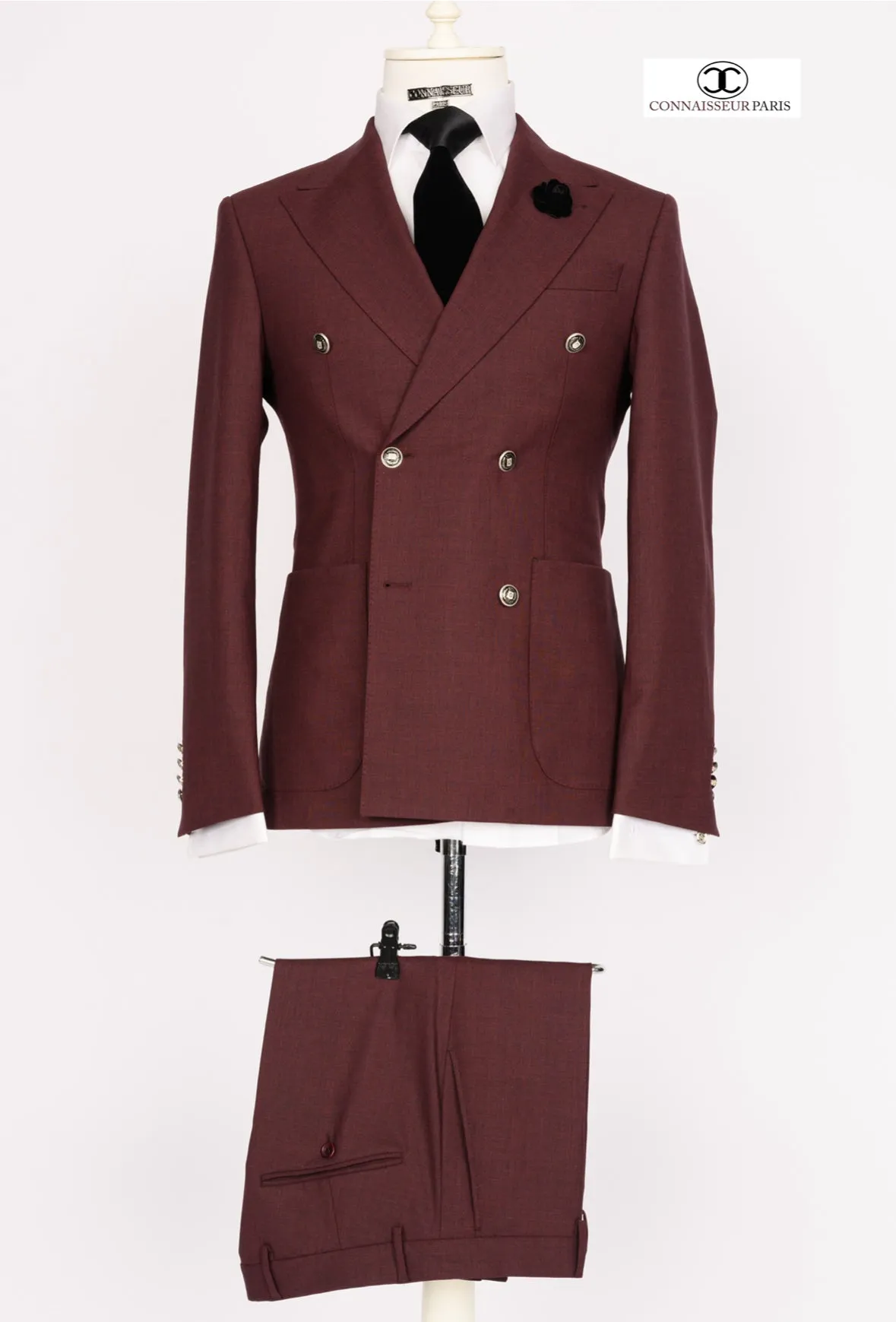 Zignone - Burgundy double breasted slim fit suit with metal buttons patch pockets and wide lapel